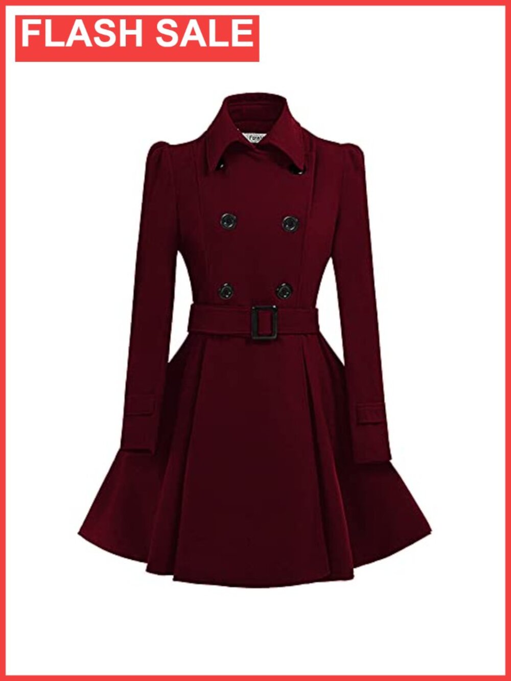 Wool Blend Pea Coat Mid-Long Double Breasted Belted Swing Coat